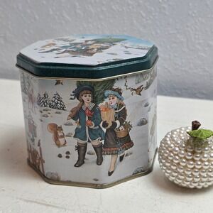 Vintage 80s Christmas Cookie Tin Octagon Victorian Scene Children Winter Holiday